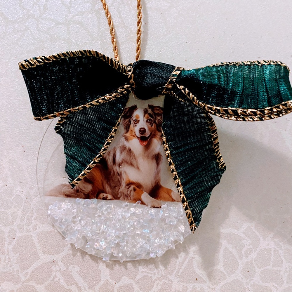 Australian Shepard Ornament with green and gold bow